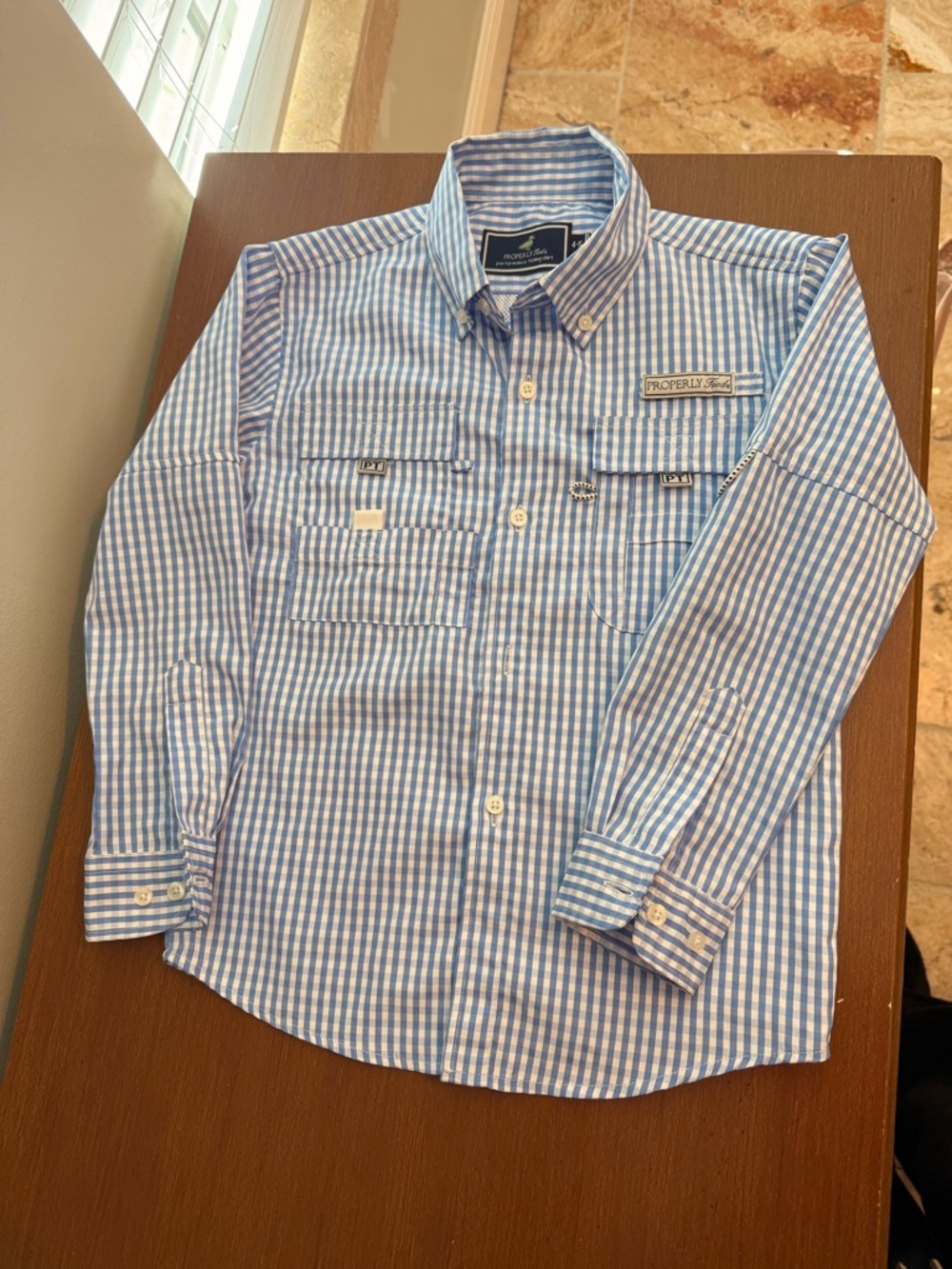 Boys Blue White Fishing Shirt, Size 4/5